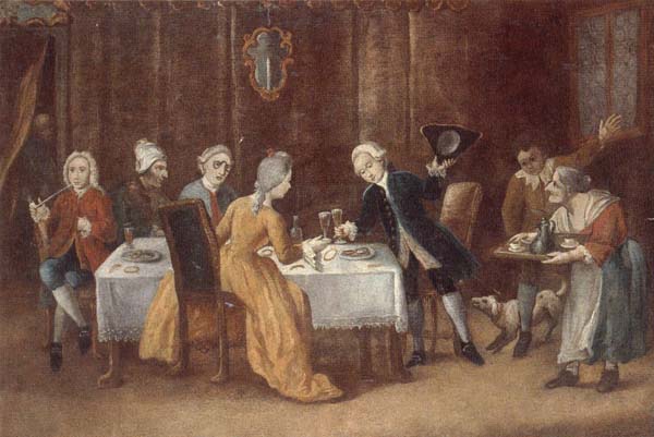 unknow artist An elegant interior with a lady and gentleman toasting,other figures drinking and smoking at the table